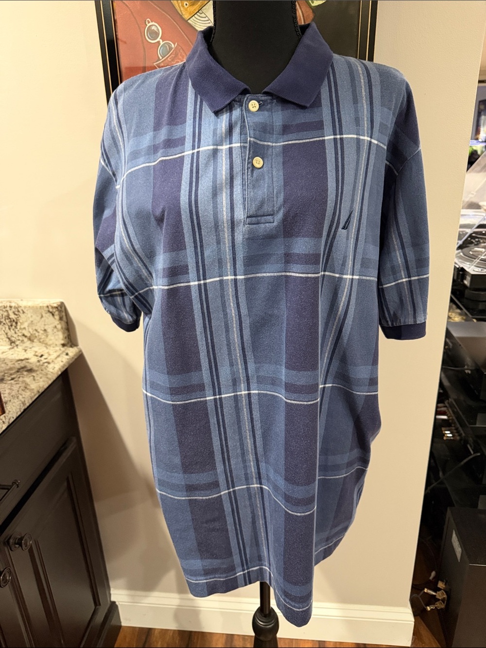 Men’s Nautica Navy and Light Blue Plaid Short Sleeve Polo Size Large